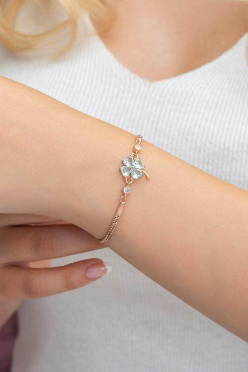 925 Ayar Gümüş Rose Aquamarin Taşlı Yonca Bileklik