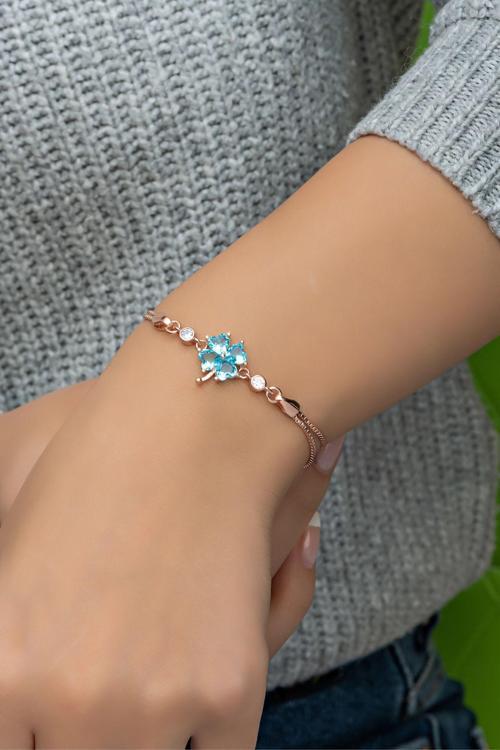 925 Ayar Gümüş Rose Aquamarin Taşlı Yonca Model Bileklik