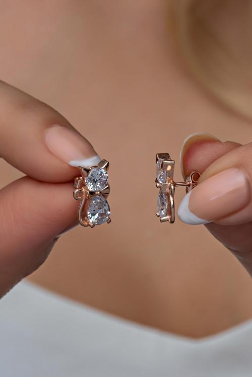 925 Ayar Gümüş Rose Beyaz Taşlı Kedi Küpe