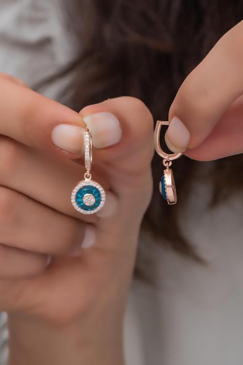 925 Ayar Gümüş Rose Cam Göz Model  Küpe