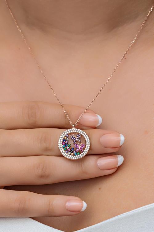 925 Ayar Gümüş Rose Daire Tasarım Uçuşan Kelebek Kolye