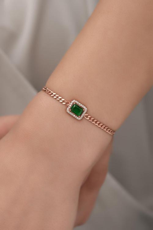 925 Ayar Gümüş Rose Gurmet Zincir Yeşil Tektaş Bileklik