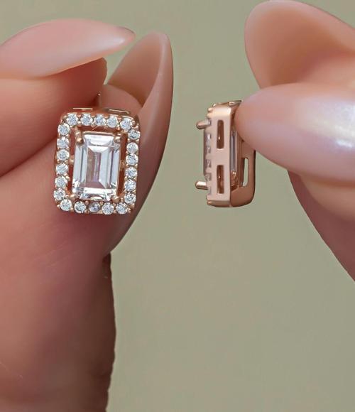 925 Ayar Gümüş Rose Kaplama Baget Taşlı Tektaş Küpe