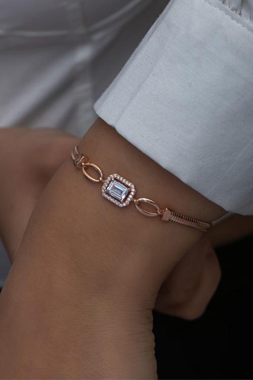 925 Ayar Gümüş Rose Kaplama Balık Sırtı Model Tektaş Bileklik
