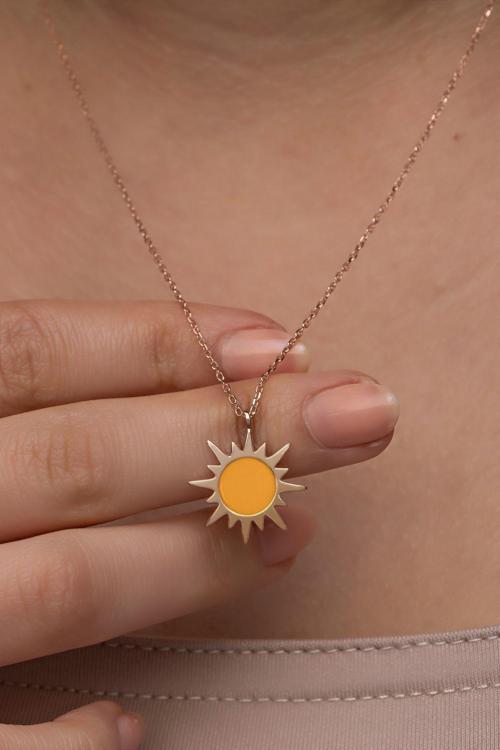 925 Ayar Gümüş Rose Kaplama Mineli Güneş Model Kolye