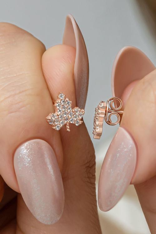 925 Ayar Gümüş Rose Kaplama Minimal Çınar Yaprağı Küpe