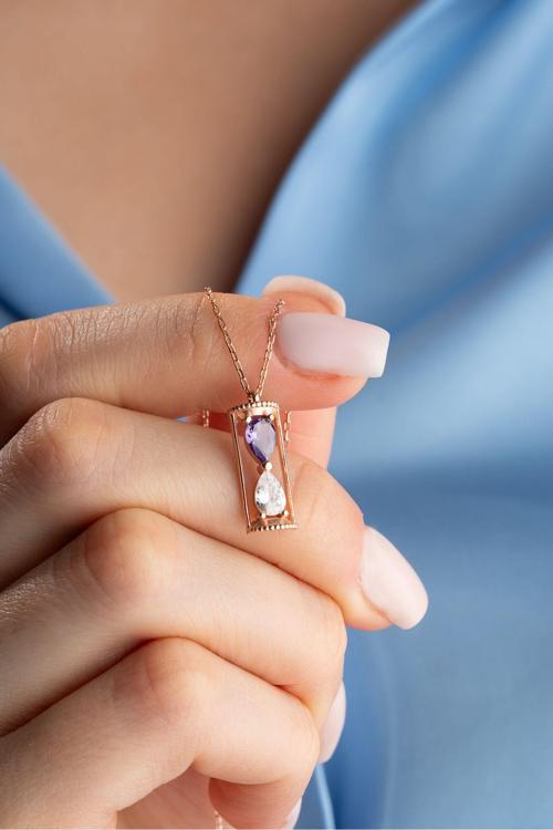 925 Ayar Gümüş Rose Kaplama Mor Taşlı Kum Saati Kolye