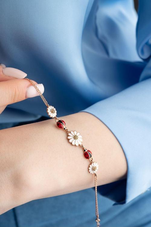925 Ayar Gümüş Rose Kaplama Simli 3'Lü Papatya Bileklik 