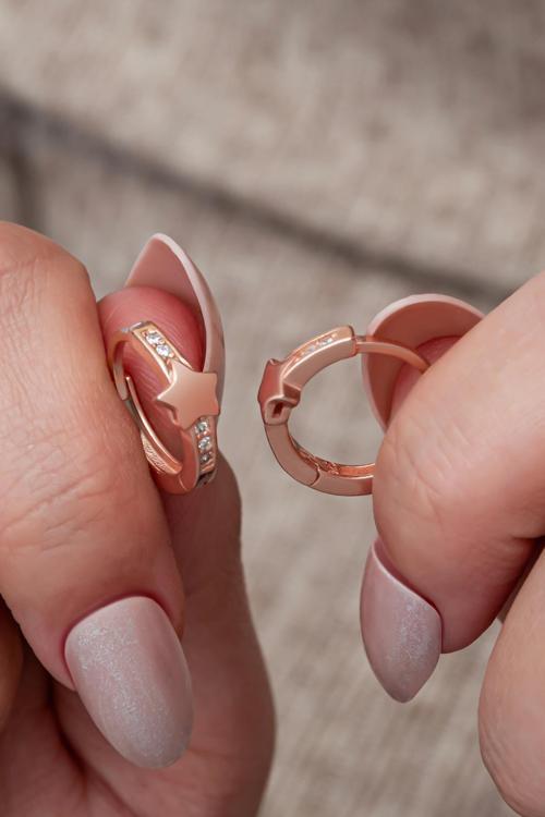 925 Ayar Gümüş Rose Kaplama Yıldız Detay 15 mm Halka Küpe