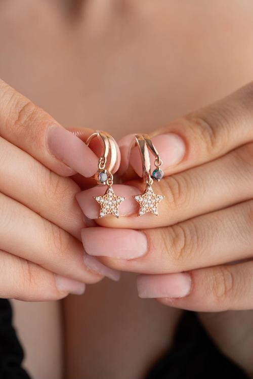 925 Ayar Gümüş Rose Mistik Topaz Taşlı 12 mm Yıldız Küpe