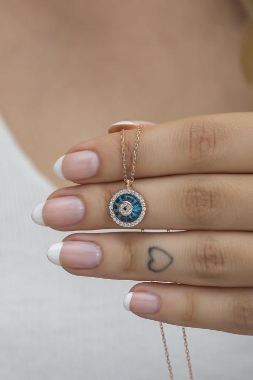 925 Ayar Gümüş Rose Nazar Cam Göz Kolye