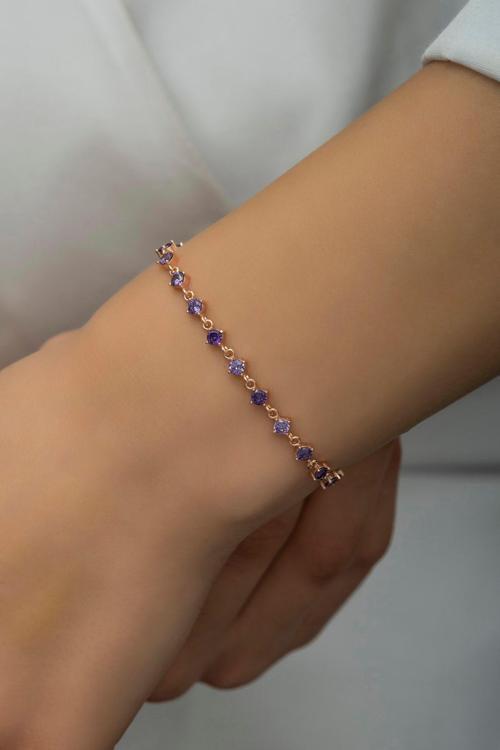 925 Ayar Gümüş Rose Sıralı 3 mm Mor Taşlı Bileklik