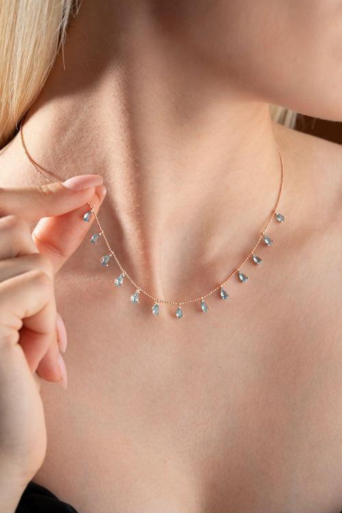 925 Ayar Gümüş Rose Sıralı Damla Aquamarin Taşlı Kolye