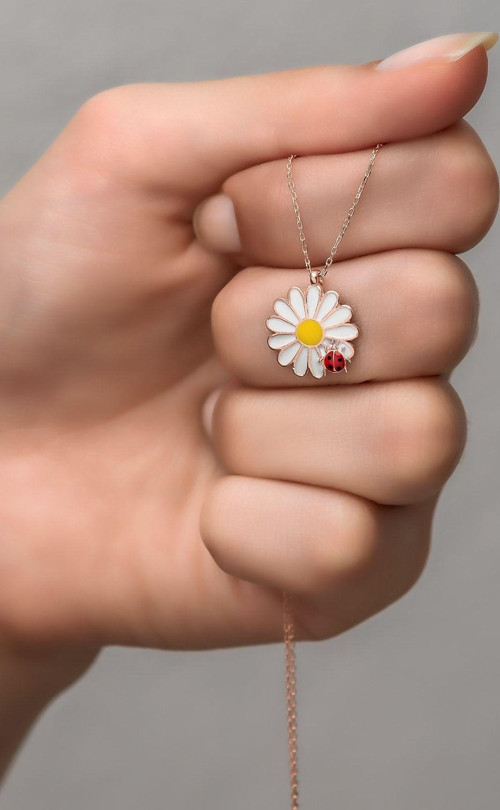925 Ayar Gümüş Rose Uğur Böceği Papatya Kolye