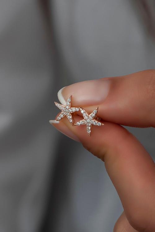 925 Ayar Gümüş Rose Zirkon Taşlı Deniz Yıldız Küpe