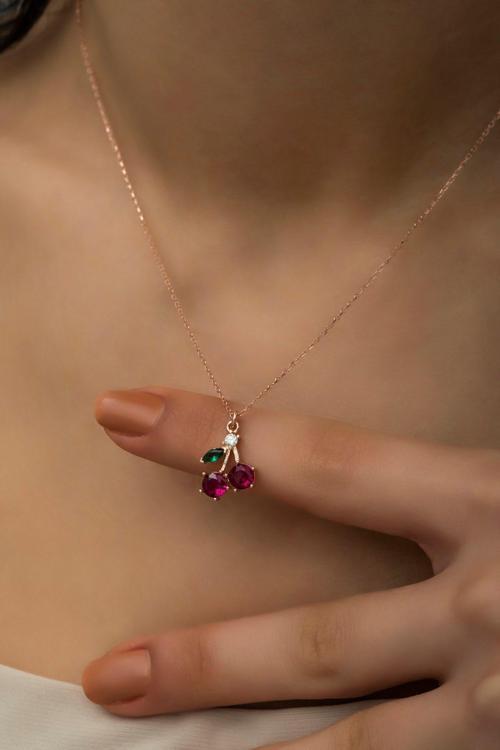 925 Ayar Gümüş Rose Zirkon Taşlı Kiraz Kolye