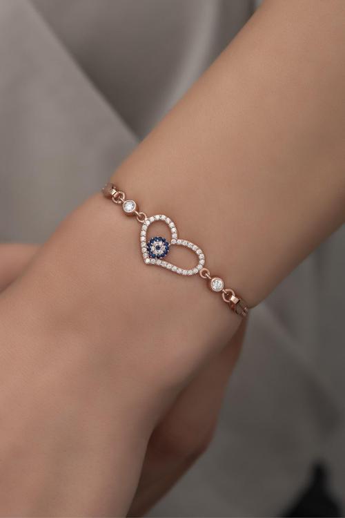 925 Ayar Gümüş Rose Zirkon Taşlı Nazar Kalp Bileklik