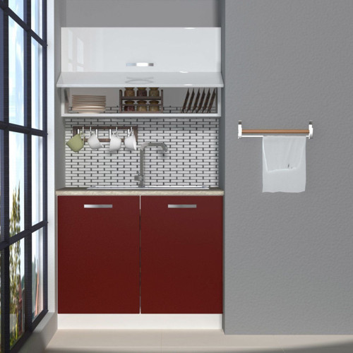 Mini 100y Mdf Hazır Mutfak Dolabı - Tezgah Dahil - Bordo Beyaz