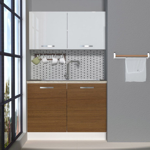Mini 120 Mdf Hazır Mutfak Dolabı - Tezgah Dahil - Ceviz Beyaz