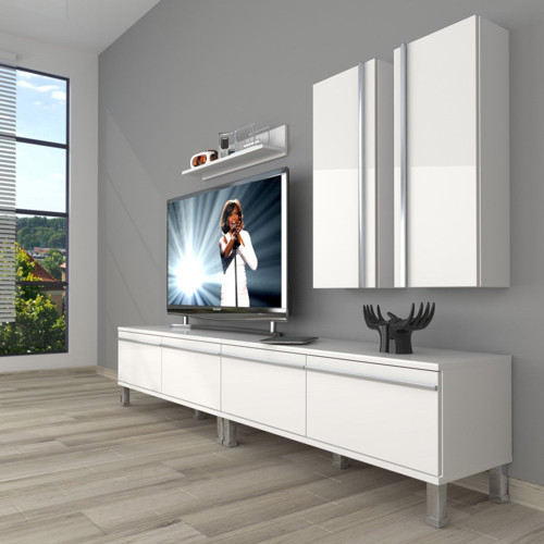 Eko 5200t Mdf Krom Ayaklı Tv Ünitesi Tv Sehpası - Parlak Beyaz