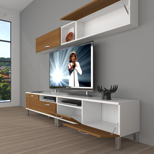 Eko 5200 Slm Krom Ayaklı Tv Ünitesi Tv Sehpası - Beyaz Ceviz