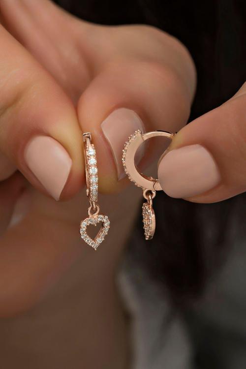 925 Ayar Gümüş Sallantılı Rose Kalp Küpe