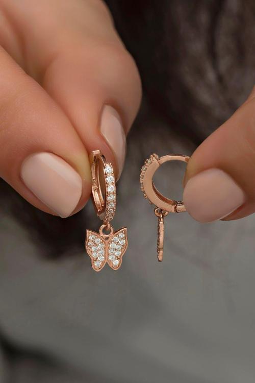 925 Ayar Gümüş Sallantılı Rose Kelebek Küpe