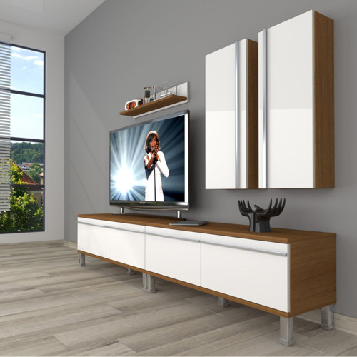 Eko 5220t Mdf Krom Ayaklı Tv Ünitesi Tv Sehpası - Ceviz Beyaz