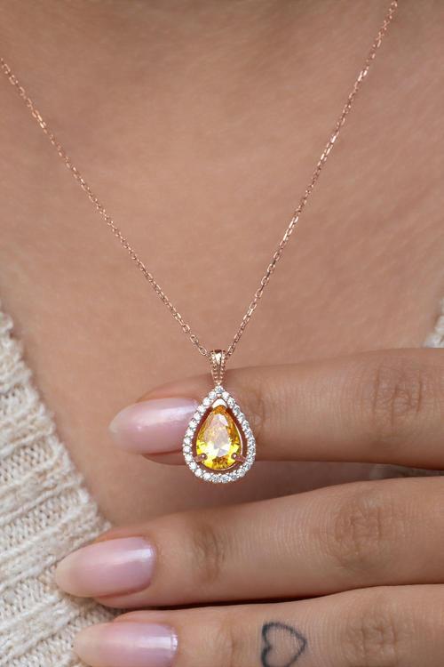 925 Ayar Gümüş Sarı Taşlı Damla Taşlı Tasarım Kolye