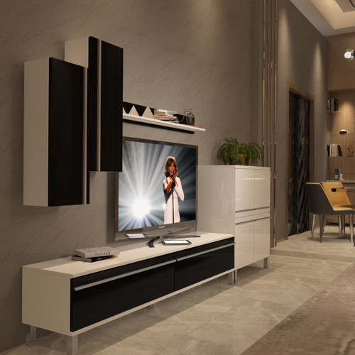 Eko 6 Mdf Std Krom Ayaklı Tv Ünitesi Tv Sehpası - Beyaz Siyah