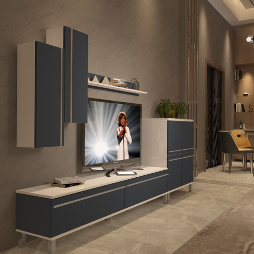 Eko 6 Mdf Std Krom Ayaklı Tv Ünitesi Tv Sehpası - Beyaz Antrasit