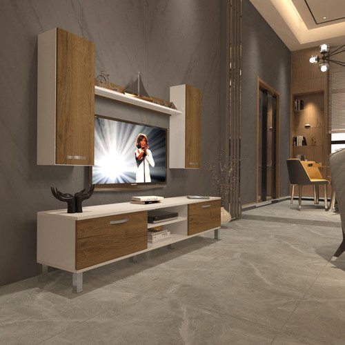 Eko 7 Mdf Dvd Krom Ayaklı Tv Ünitesi Tv Sehpası - Beyaz Pera