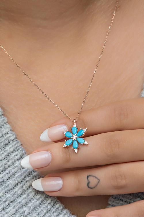 925 Ayar Gümüş Turkuaz Taşlı Lotus Kamelya Çiçeği Kolye