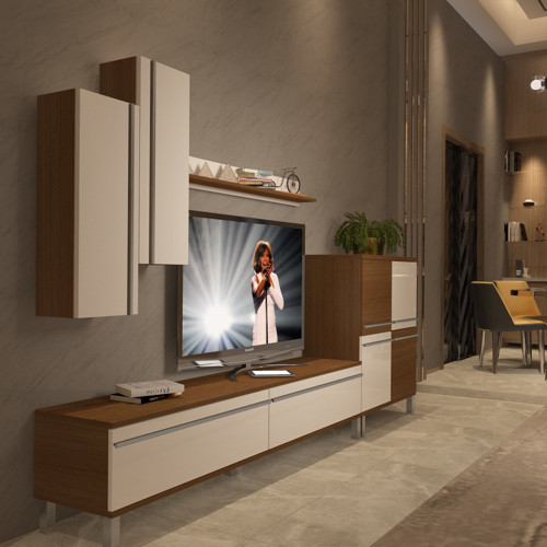 Eko 6 Mdf Std Krom Ayaklı Tv Ünitesi Tv Sehpası - Ceviz Beyaz