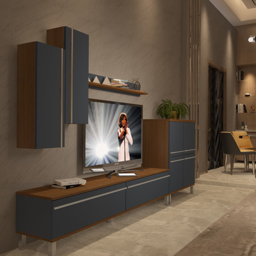 Eko 6 Mdf Std Krom Ayaklı Tv Ünitesi Tv Sehpası - Ceviz Antrasit