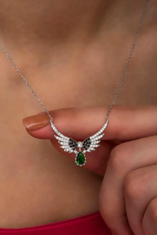 925 Ayar Gümüş Yeşil Zirkon Taşlı Melek Kanadı Kolye
