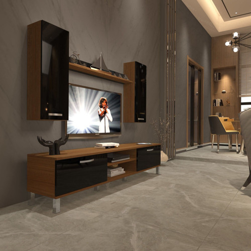 Eko 7 Mdf Dvd Krom Ayaklı Tv Ünitesi Tv Sehpası - Ceviz Siyah