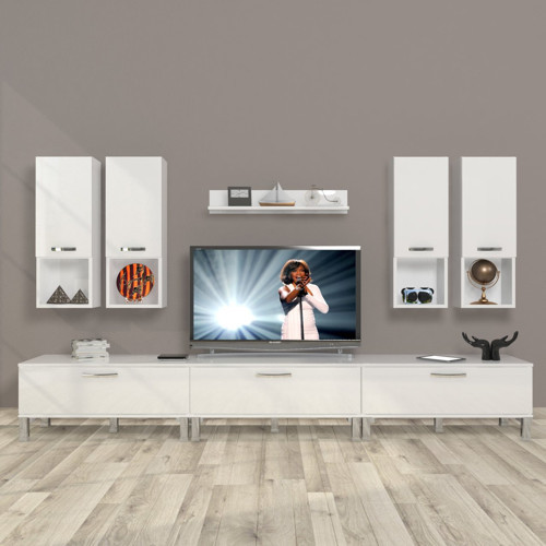 Eko 8da Slm Krom Ayaklı Tv Ünitesi Tv Sehpası - Parlak Beyaz