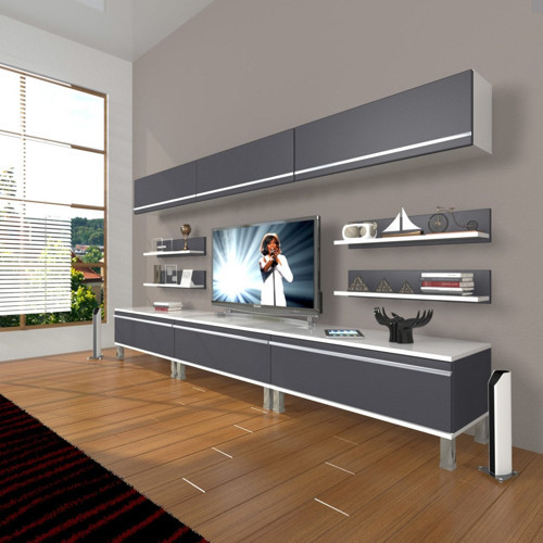 Eko 8y Mdf Krom Ayaklı Tv Ünitesi Tv Sehpası - Beyaz Antrasit