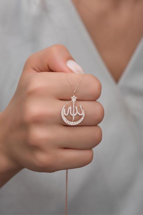 925 Ayar Gümüş Zirkon Taşlı Allah Lafzı Kolye
