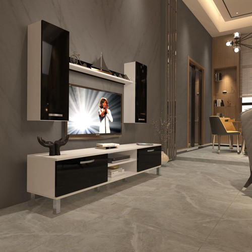 Eko 7 Mdf Dvd Krom Ayaklı Tv Ünitesi Tv Sehpası - Beyaz Siyah
