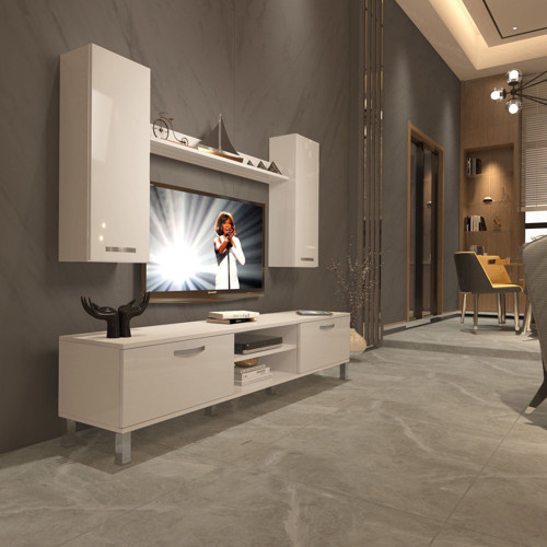 Eko 7 Mdf Dvd Krom Ayaklı Tv Ünitesi Tv Sehpası - Parlak Beyaz