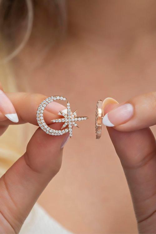 925 Ayar Gümüş Zirkon Taşlı Ayyıldız Küpe