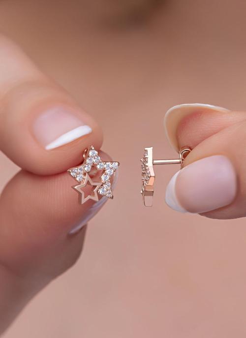 925 Ayar Gümüş Zirkon Taşlı Çift Yıldız Model Küpe