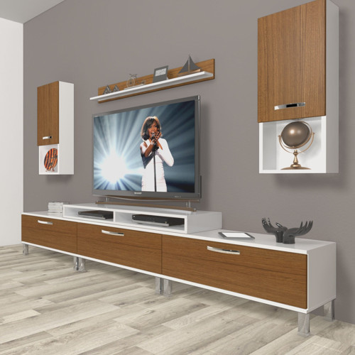 Ekoflex 270da Slm Krom Ayaklı Tv Ünitesi Tv Sehpası - Beyaz Ceviz