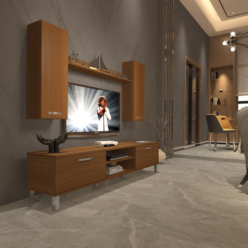 Eko 7 Mdf Dvd Krom Ayaklı Tv Ünitesi Tv Sehpası - Naturel Ceviz