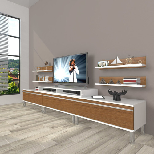 Ekoflex 270r Mdf Krom Ayaklı Tv Ünitesi Tv Sehpası - Beyaz Ceviz