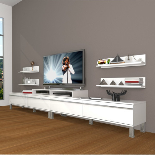 Ekoflex 360r Mdf Krom Ayaklı Tv Ünitesi Tv Sehpası - Parlak Beyaz