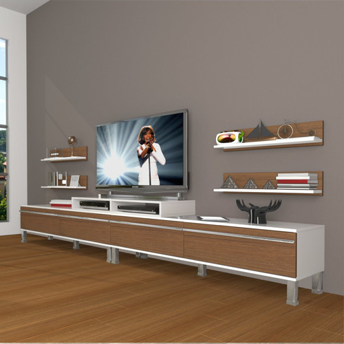 Ekoflex 360r Mdf Krom Ayaklı Tv Ünitesi Tv Sehpası - Beyaz Ceviz