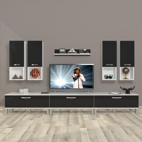 Eko 8da Slm Krom Ayaklı Tv Ünitesi Tv Sehpası - Beyaz Siyah